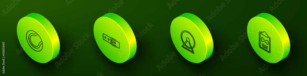 Set Isometric line Tennis ball, Collar with name tag, Hamster wheel and Clinical record pet icon. Vector Set Isometric line Tennis ball, Collar with name tag, Hamster wheel and Clinical record pet icon. Vector