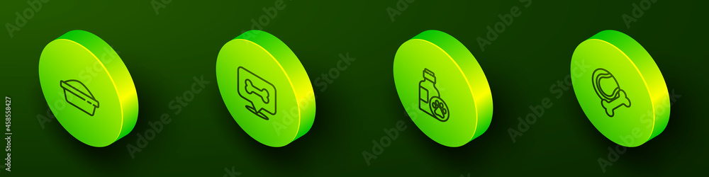 Set Isometric line Pet food bowl, Dog bone, shampoo and toys rubber and ball icon. Vector Set Isometric line Pet food bowl, Dog bone, shampoo and toys rubber and ball icon. Vector