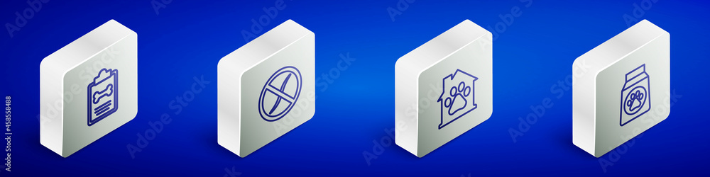 Set Isometric line Clinical record pet, Anti worms parasite, Pet house and Bag of food icon. Vector Set Isometric line Clinical record pet, Anti worms parasite, Pet house and Bag of food icon. Vector