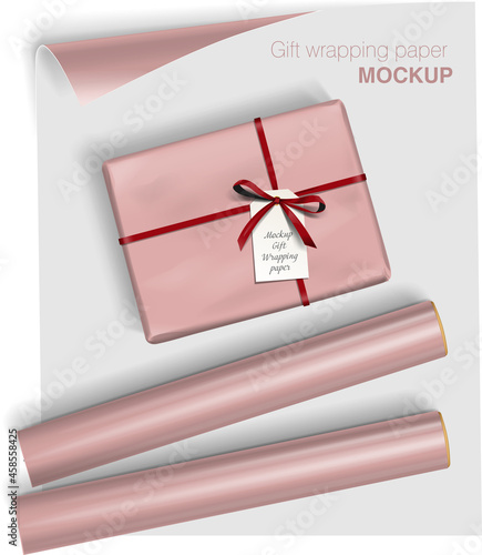 Vector gift wrapping paper rolls mock up and box with bow on light background. Template for your design with transparent shadows. 