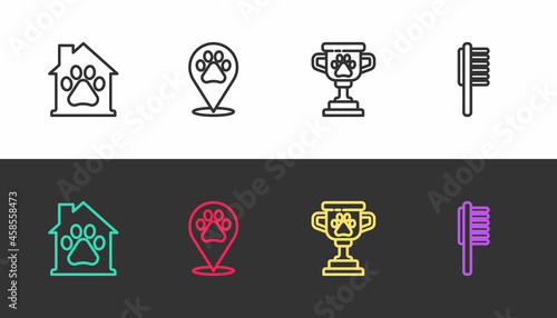 Set line Pet house  Location veterinary  award and Pets vial medical on black and white. Vector