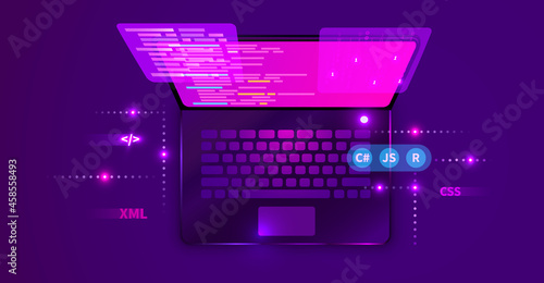 Web development, coding and programming futuristic banner. Computer code on laptop.