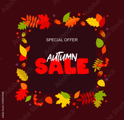 Autumn sale banner with a frame of multicolored leaves, berries and acorns on a red burgundy background. Flat vector illustration 