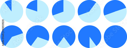 Vector of ten blue pie charts filling up. Business graphs and chart icons. Statistic and data charts. Finance. Showing progress.