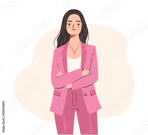 Confident business woman. Young empowered woman in pink stylish suit with hands crossed. Flat vector character illustration.