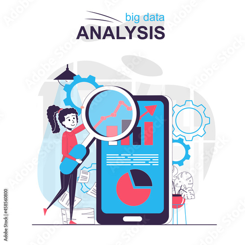 Big data analysis isolated cartoon concept. Woman analyzes business statistics in mobile app, people scene in flat design. Vector illustration for blogging, website, mobile app, promotional materials.