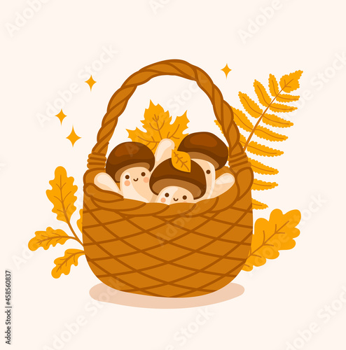 Wicker basket with cute little mushrooms and fallen leaves. Boletus edulis. Funny kawaii cartoon characters in the forest, woodland. Isolated hand-drawn illustration for kids, childish print.