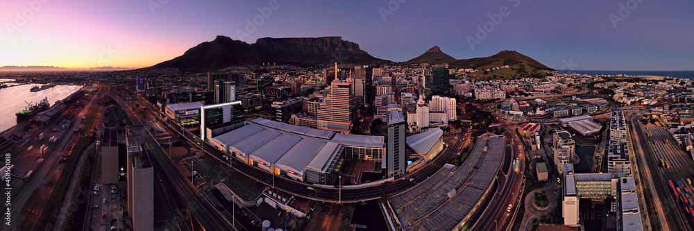 Naklejka premium Aerial twilight panoramic view of the City of Cape Town, Western Province, South Africa. 18 September 2021.