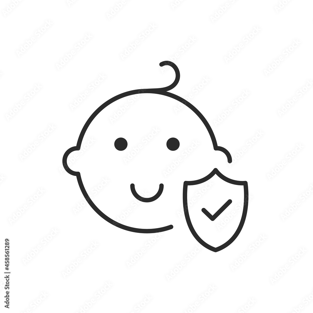 Child Safety icon. Babyface and shield with checkmark isolated on white background. Vector illustration Child Safety icon. Babyface and shield with checkmark isolated on white background. Vector illustration