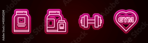 Set line Sports nutrition, , Dumbbell and Fitness gym heart. Glowing neon icon. Vector