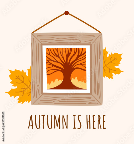 Square wooden frame with picture of autumn tree, surrounded by foliage. Fall cartoon hand drawn vector illustration.