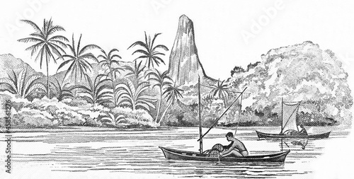 Fishermen in boats on a river with palm trees and Pico Cao Grande in the background. Portrait from Saint Thomas and Prince 50 Dobras 1982 Banknotes.