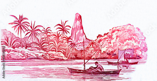 Fishermen in boats on a river with palm trees and Pico Cao Grande in the background. Portrait from Saint Thomas and Prince 50 Dobras 1982 Banknotes. photo