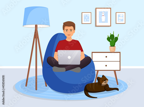 Man is sitting on a bean bag chair at home at a laptop computer. Remote work, office at home, programming, freelance. Study at home in quarantine. Vector illustration. Cozy interior with a cat.