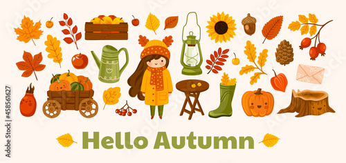 Hello autumn horizontal banner. Cozy fall garden postcard layout. Vector template with cute kawaii illustration. Harvest, apple, pumpkins, berries, foliage, sunflower, acorn and vintage kerosene lamp.