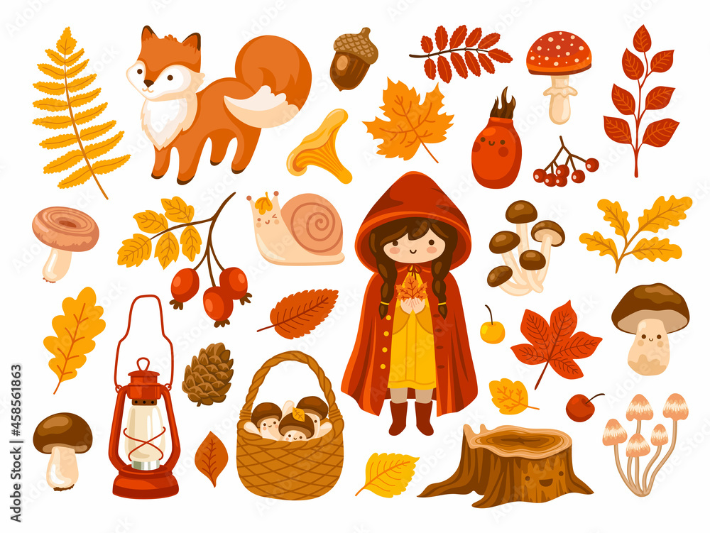 Autumn forest and woodland stickers pack. Big set of kawaii fall vector hand-drawn illustrations. Fox, fern, basket, mushrooms, foliage, winking snail, cute girl in red mantle and vintage lantern.