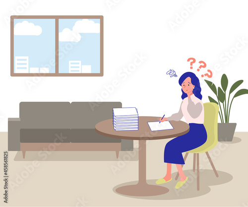 難しい書類の記入に悩む若い女性のイラスト