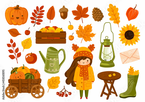 Set of kawaii autumn cartoon stickers. Fall garden collection. Pumpkins cart, apples crate, foliage, sunflower, kerosene lamp, physalis dry flower, cute girl. Vector hand-drawn flat illustrations.