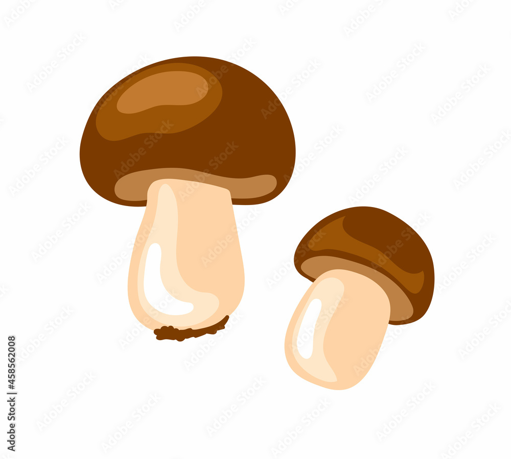 Cute little mushrooms flat vector illustration. Funny boletus edulis isolated hand-drawn illustrations. Kawaii cartoon print, sticker, symbol, simple icon.
