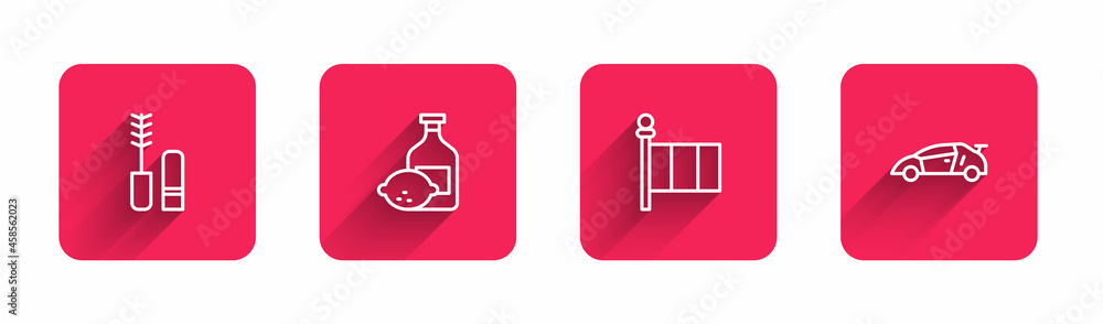 Set line Mascara brush, Limoncello bottle, Flag Italy and Sport racing with long shadow. Red square button. Vector Set line Mascara brush, Limoncello bottle, Flag Italy and Sport racing with long shadow. Red square button. Vector