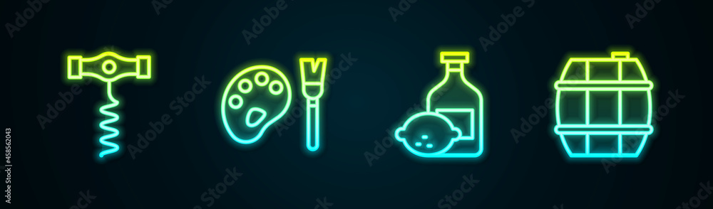 Set line Wine corkscrew, Paint brush with palette, Limoncello bottle and Barrel for wine. Glowing neon icon. Vector Set line Wine corkscrew, Paint brush with palette, Limoncello bottle and Barrel for wine. Glowing neon icon. Vector