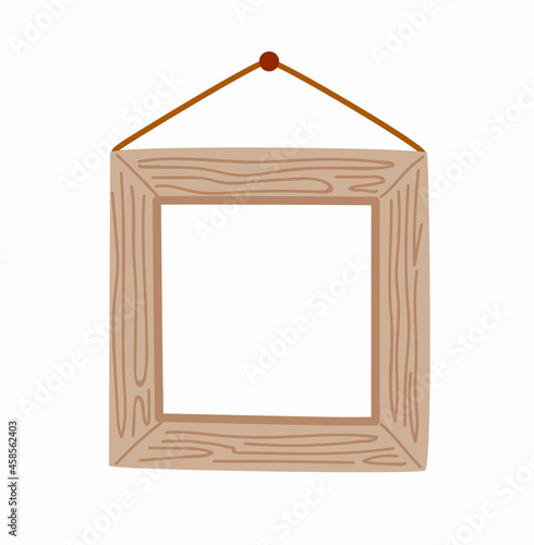 Wall picture wooden frame. Empty signboard hanging on rope. Square template. Cartoon simple hand-drawn vector illustration.