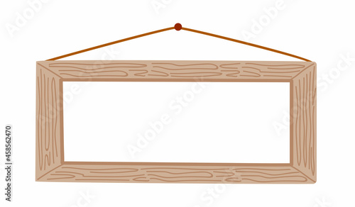 Wall picture wooden frame. Empty signboard hanging on rope. Horisontal template. Cartoon simple hand-drawn vector illustration.