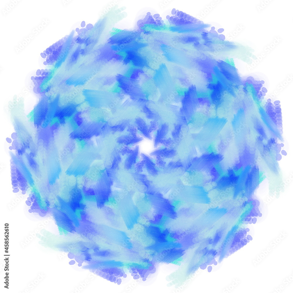 Fototapeta premium Hand drawn illustration of blue twirl spiral in circular symmetrical shape on white background