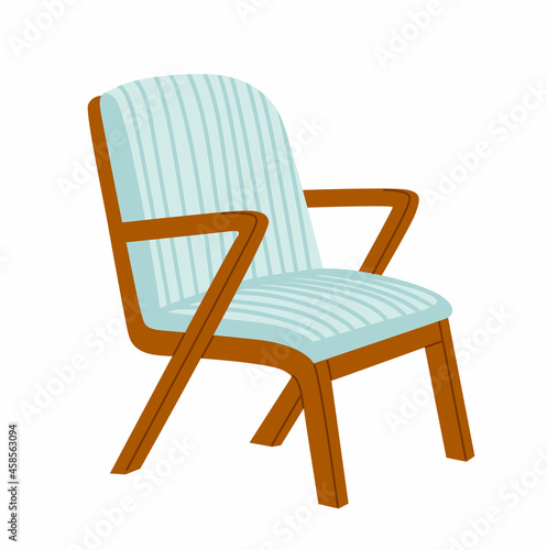 Blue chair on wooden legs. Simple elegant indoor furniture with blue upholstery. Cartoon hand-drawn vector illustrtation.