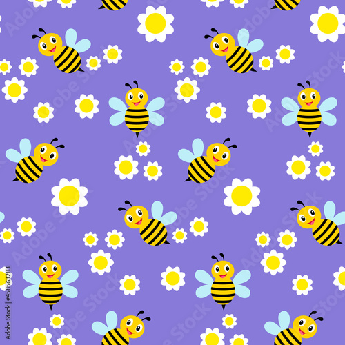 Bees and flowers  cute  seamless pattern.Vector illustration