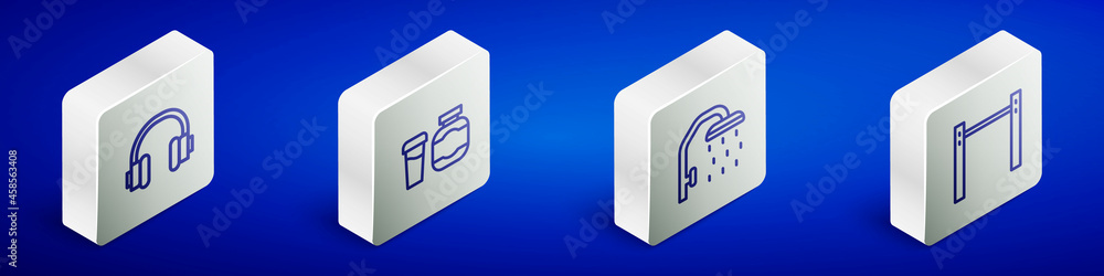 Set Isometric line Headphones, Sports nutrition, Shower head and Horizontal bar icon. Vector Set Isometric line Headphones, Sports nutrition, Shower head and Horizontal bar icon. Vector