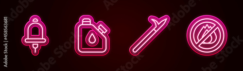 Set line Ringing alarm bell, Canister fuel, Metal pike pole and No fire. Glowing neon icon. Vector
