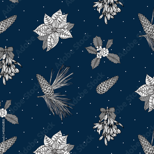 Seamless vector pattern with Christmas-themed botanical illustrations