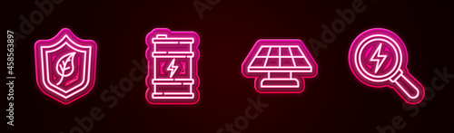 Set line Shield with leaf, Bio fuel barrel, Solar energy panel and Lightning bolt. Glowing neon icon. Vector