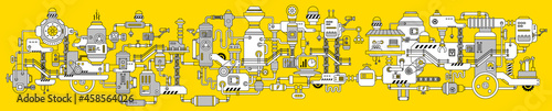 Vector Horizontal Illustration with Complex Mechanism of Product Production. Line Art Style Design of Black and White Retro Machine
