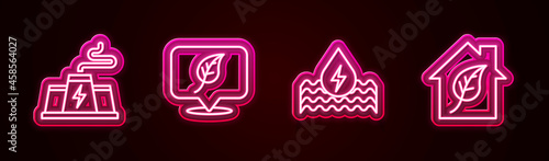 Set line Power station plant factory, Location with leaf, Water energy and Eco friendly house. Glowing neon icon. Vector