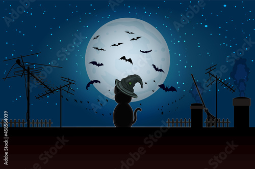 Halloween cat sitting on roof in full moon. Black cat on  house roof with moonlight and starry night. Cat silhouette with witch hat on night roof and bats on moon background. Stock vector illustration