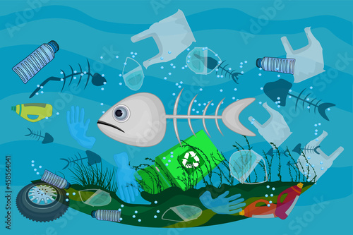 Poster with ocean pollution with litter in ocean, dead sea, dirty water, fish bones, face masks, plastic bottles and bags. Plastic waste in ocean. Dead fish swimming in water full of garbage. Vector