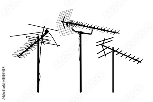Television antenna icons set isolated on white background. Silhouettes of different television aerials. Tv antenna sign or symbol. Television rooftop antennas. Technology. Stock vector illustratiotion photo
