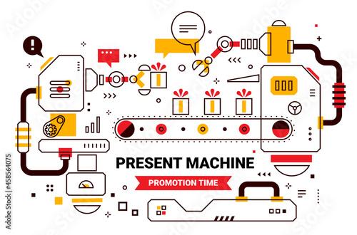 Vector Color Illustration of Complex Mechanism of Production Gift Box with Conveyor Belt and Robot Arm. Line Art Style Design of Present Machine