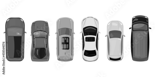 Cars top view isolated on white background. City vehicle transport icons collection. Urban traffic, automobile transportation. Transport service. Top view monochrome cars. Stock vector illustration