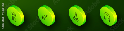 Set Isometric line Jar with additives, Syringe, Test tube and flask and Magnet icon. Vector