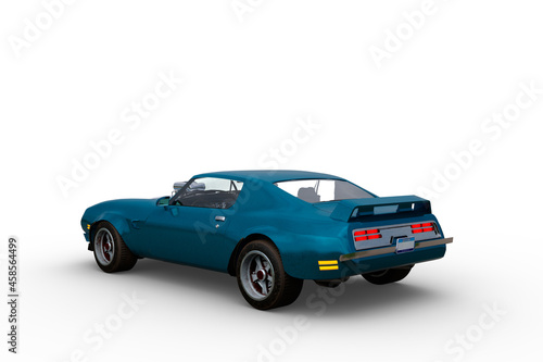 Rear perspective 3D rendering of a blue and white 1970s vintage American muscle car isolated on a white background.