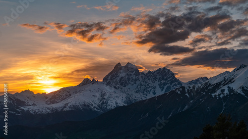 View of Mount Ushba in sunseti. Svaneti region of Georgia