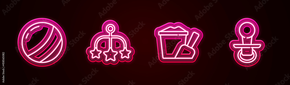 Set line Beach ball, Baby crib hanging toys, Sand bucket with shovel and dummy pacifier. Glowing neon icon. Vector Set line Beach ball, Baby crib hanging toys, Sand bucket with shovel and dummy pacifier. Glowing neon icon. Vector