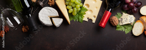 Wine, cheese, grape, nuts, bread and cheese