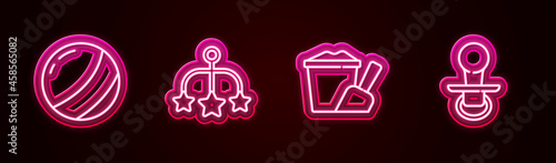 Set line Beach ball, Baby crib hanging toys, Sand bucket with shovel and dummy pacifier. Glowing neon icon. Vector
