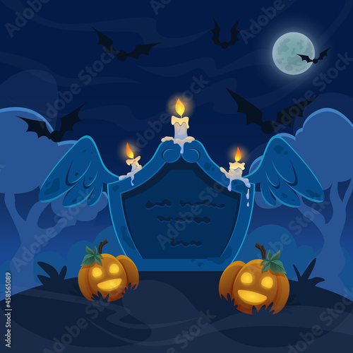 An old stone grave with candles on cemetry. Full moon night with bats on sky and pumpkins. Halloween illustration.