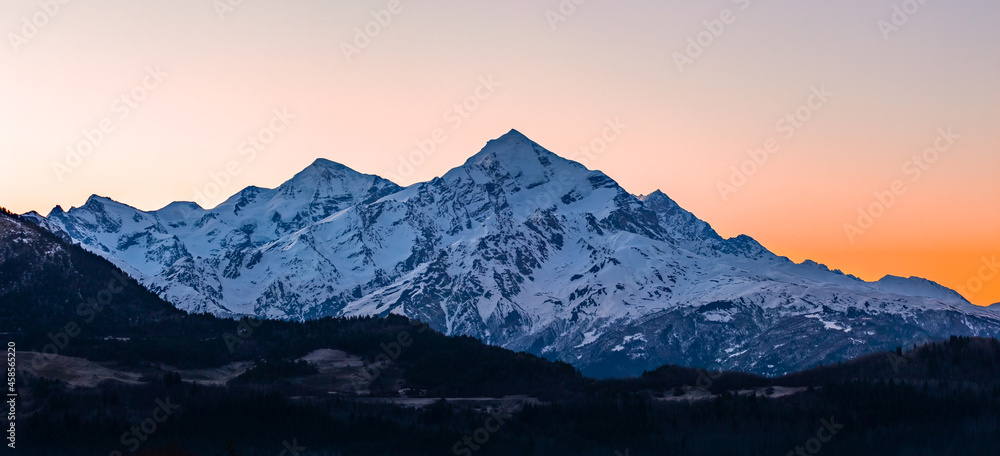 Mount Tetnuldi rises above the Great Caucasian Range in the upper Svaneti. Georgia