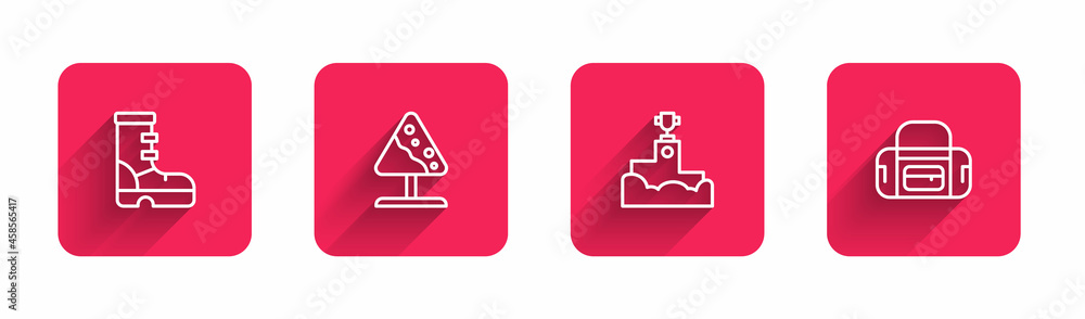 Set line Waterproof rubber boot, Road sign avalanches, Award winner podium and Sport bag with long shadow. Red square button. Vector Set line Waterproof rubber boot, Road sign avalanches, Award winner podium and Sport bag with long shadow. Red square button. Vector